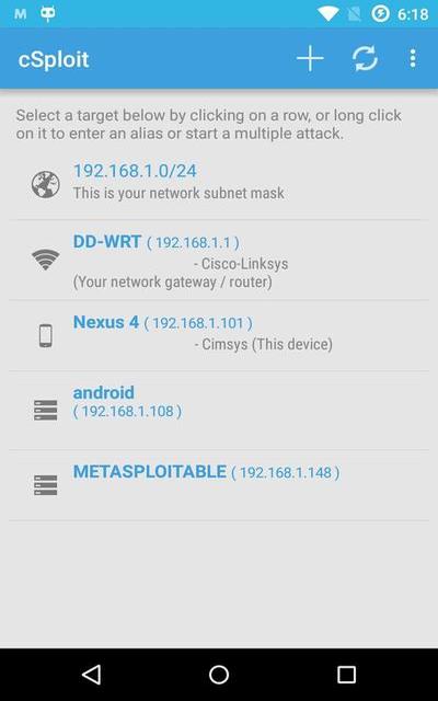 cSploit network scan — fingerprinting the router, Nexus 4, an Android device, and a Metasploitable target