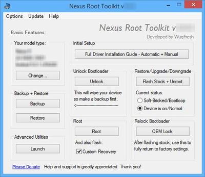 The Wugfresh Nexus Root Toolkit — one-click unlock, root, and custom recovery on Windows