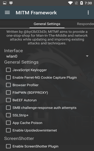 NetHunter MITM Framework app — keylogger, cookie capture, SSLStrip+, and a full plugin list on wlan0