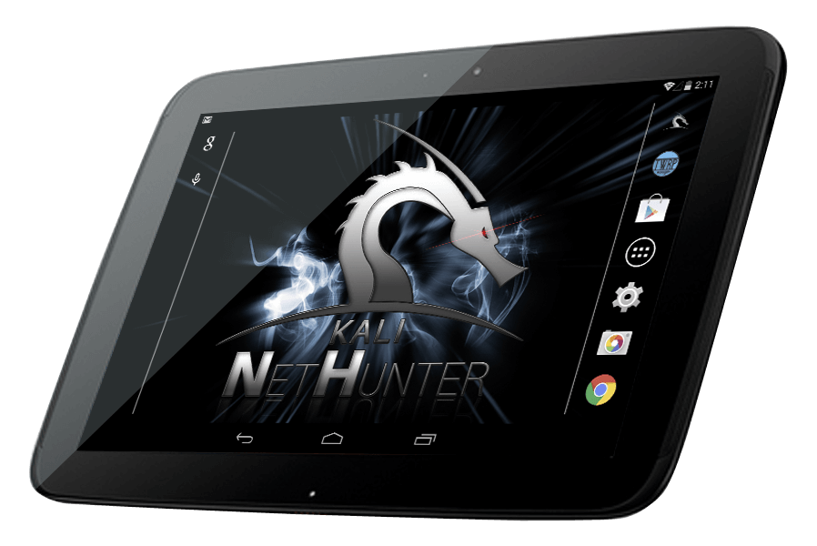 A Nexus tablet running the Kali NetHunter homescreen